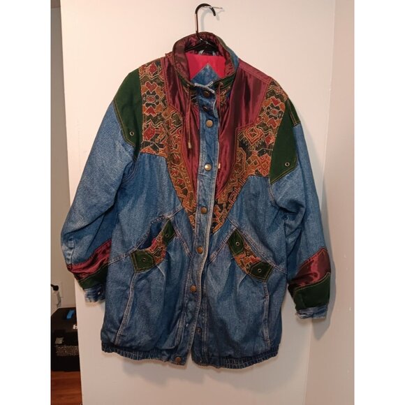 Two Twenty Jackets & Blazers - Vtg 80s Two Twenty Womens Jacket Large Blanket Lined Denim Patchwork Grannycore